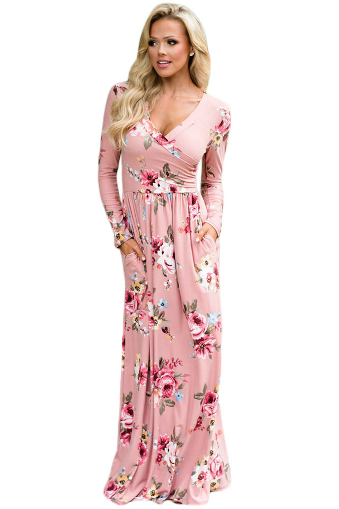 BY61772-10 Mauve Floral Surplice Long Sleeve Maxi Boho Dress